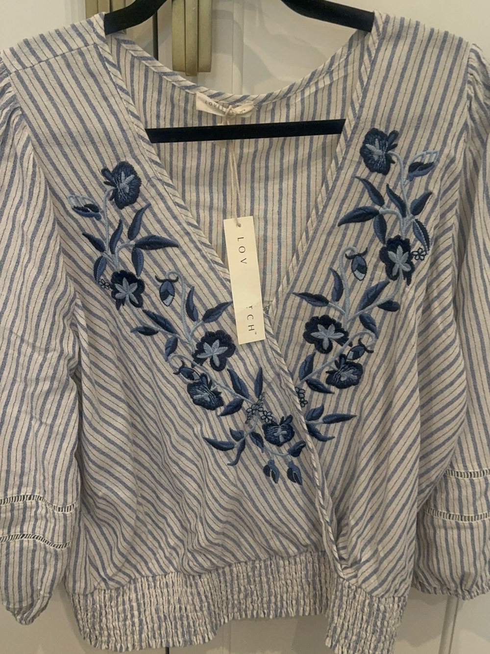 lovestitch Blue & White Striped V-Neck Embroidered Blouse